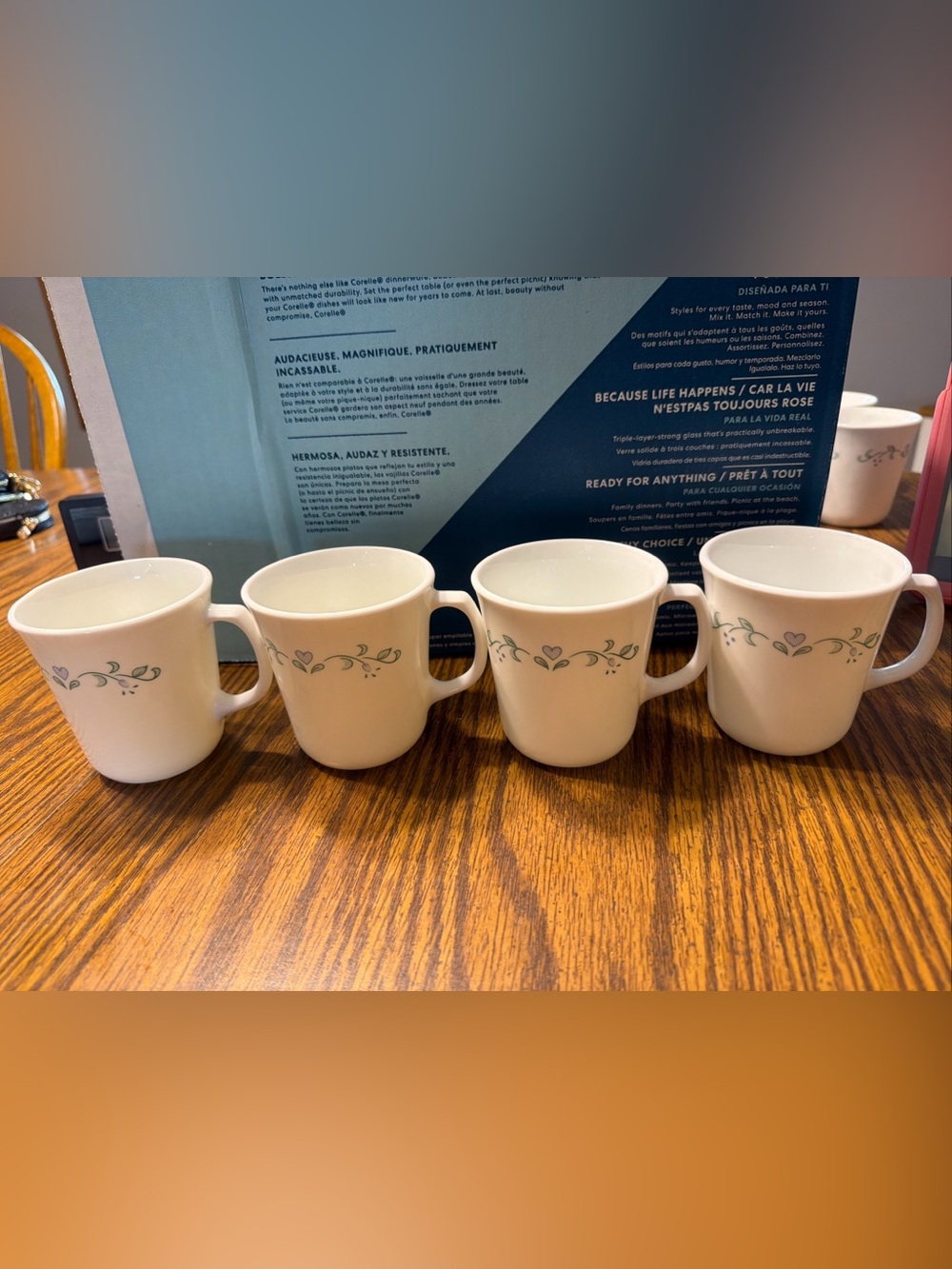Corelle White Mugs with Green Floral Vine Accent - Set of 4